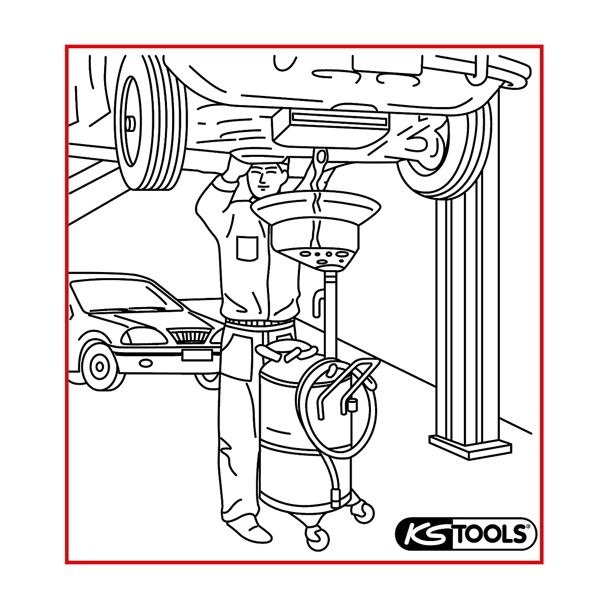 Mechaniker wechselt Öl an einem Auto. Er steht unter dem Fahrzeug mit einem Auffangbehälter.